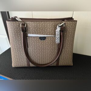 GUESS Brown and Tan Logo Print Tote with Dark Brown Trim